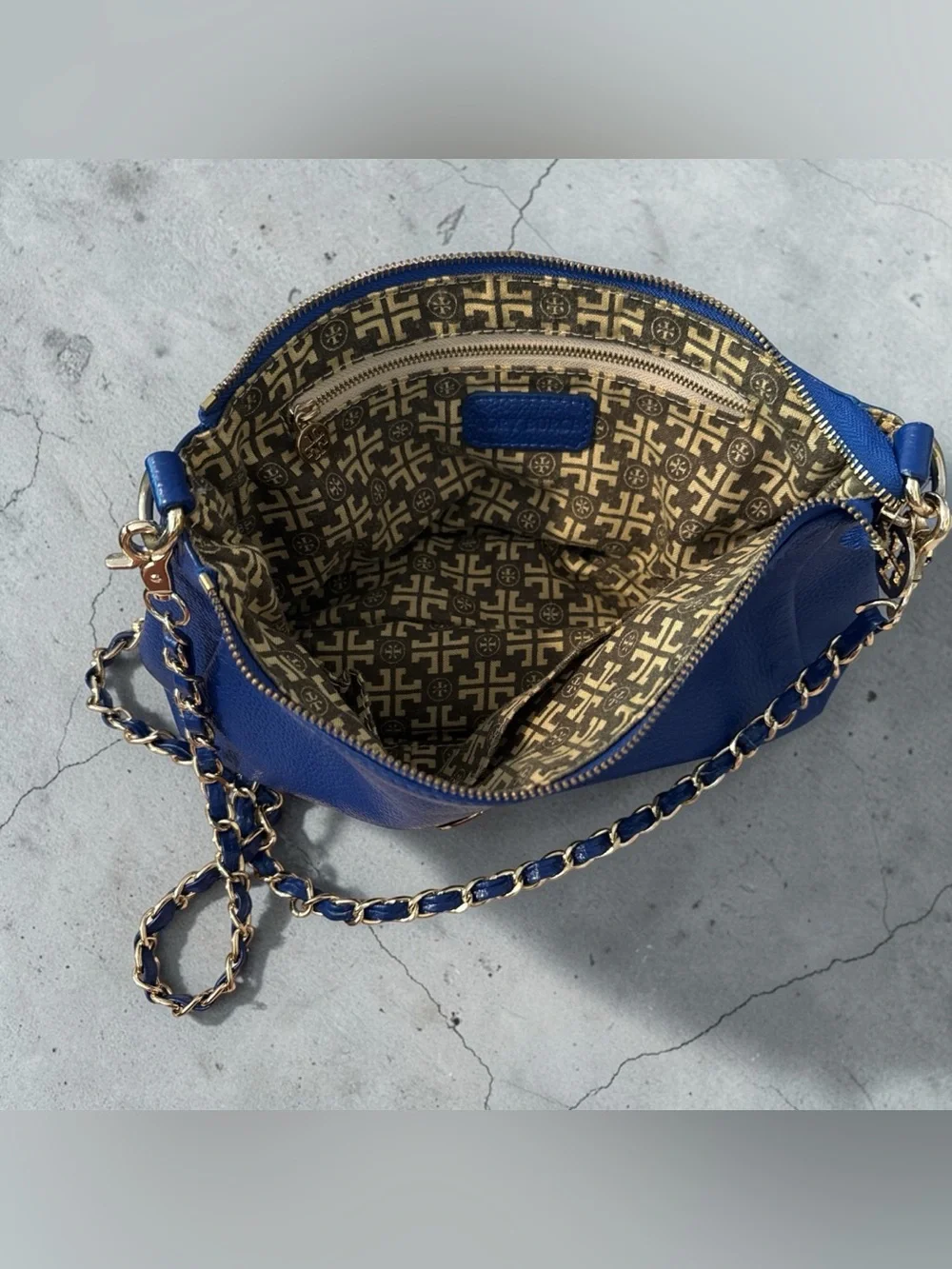 Tory Burch Royal Blue Pebbled Leather Chain Strap Crossbody